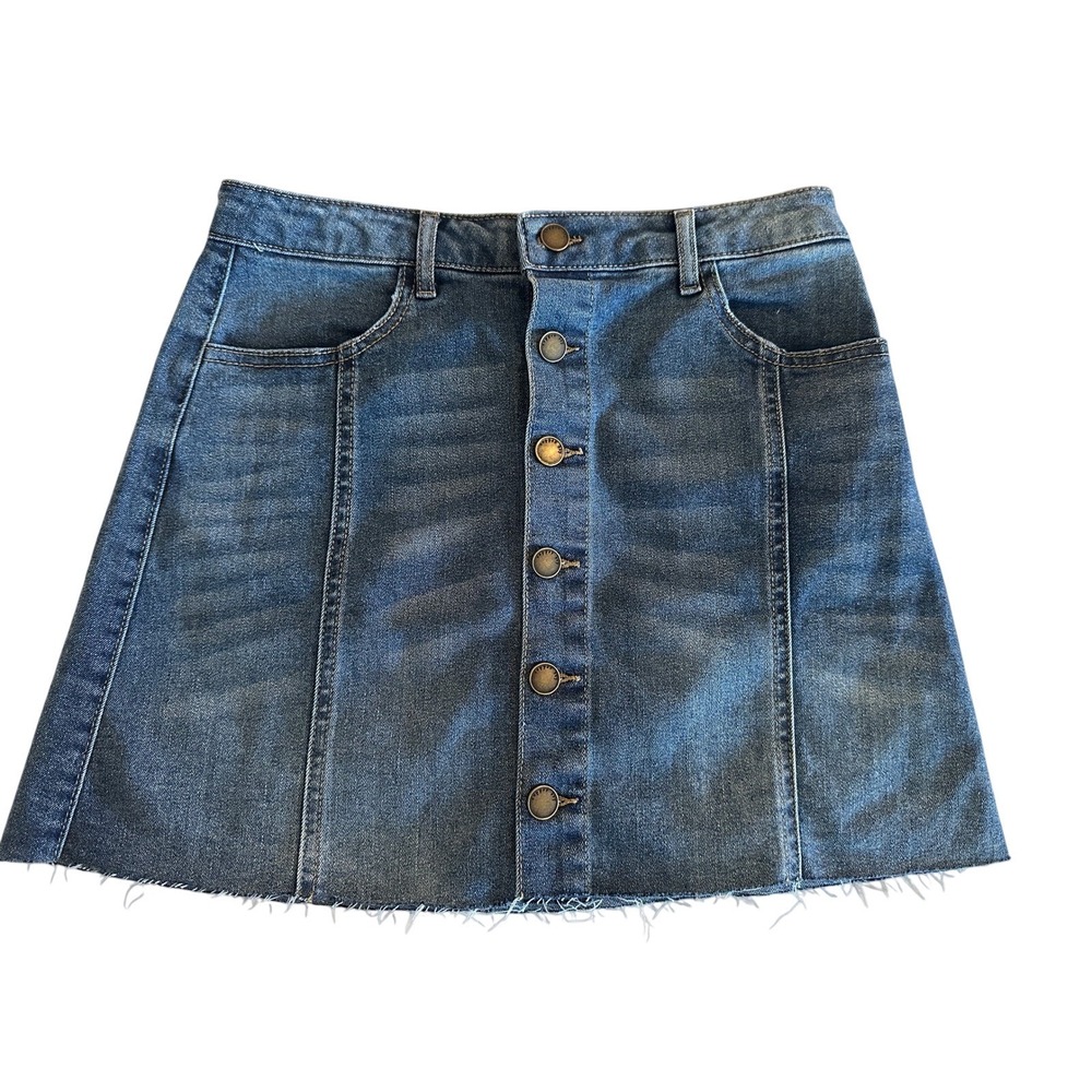 Copper Key Blue Denim Button Front Mini Skirt Raw Hem Medium Wash Size M